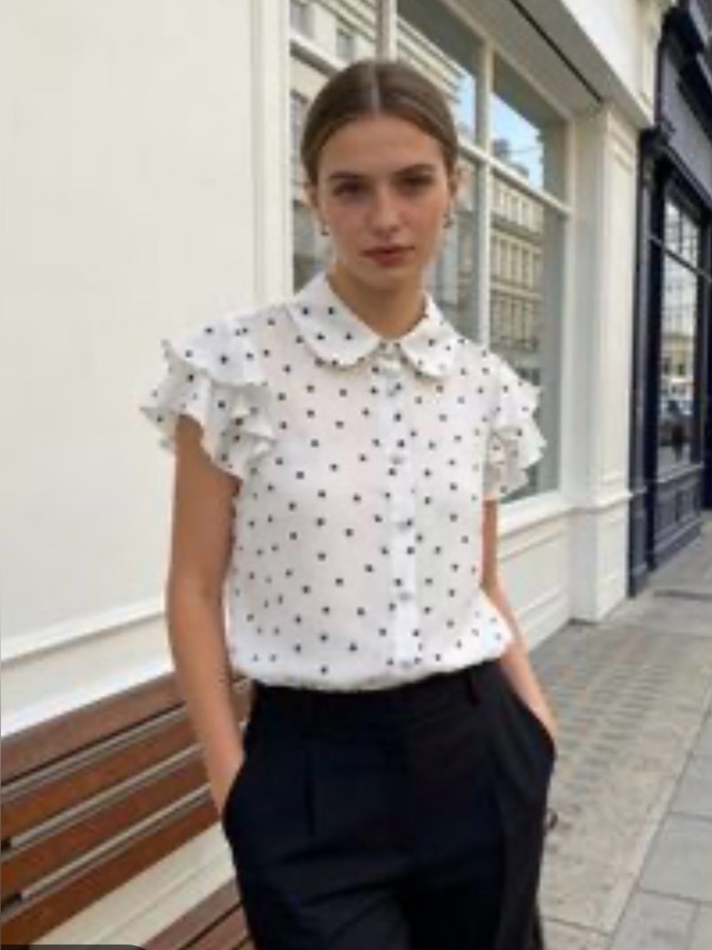 🦋NWT Alice Olivia Polka Dot Ruffled Sleeve Blouse - White/Black L